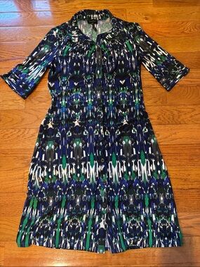 Laundry By Shelli Segal Blue, Green & White Patterned Midi Dress